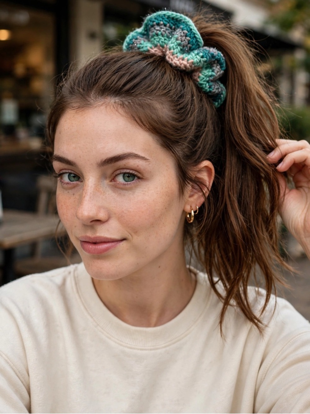 HAND CRAFTED Carissa Jumbo Striped Crochet Scrunchie NEW Teal Rose